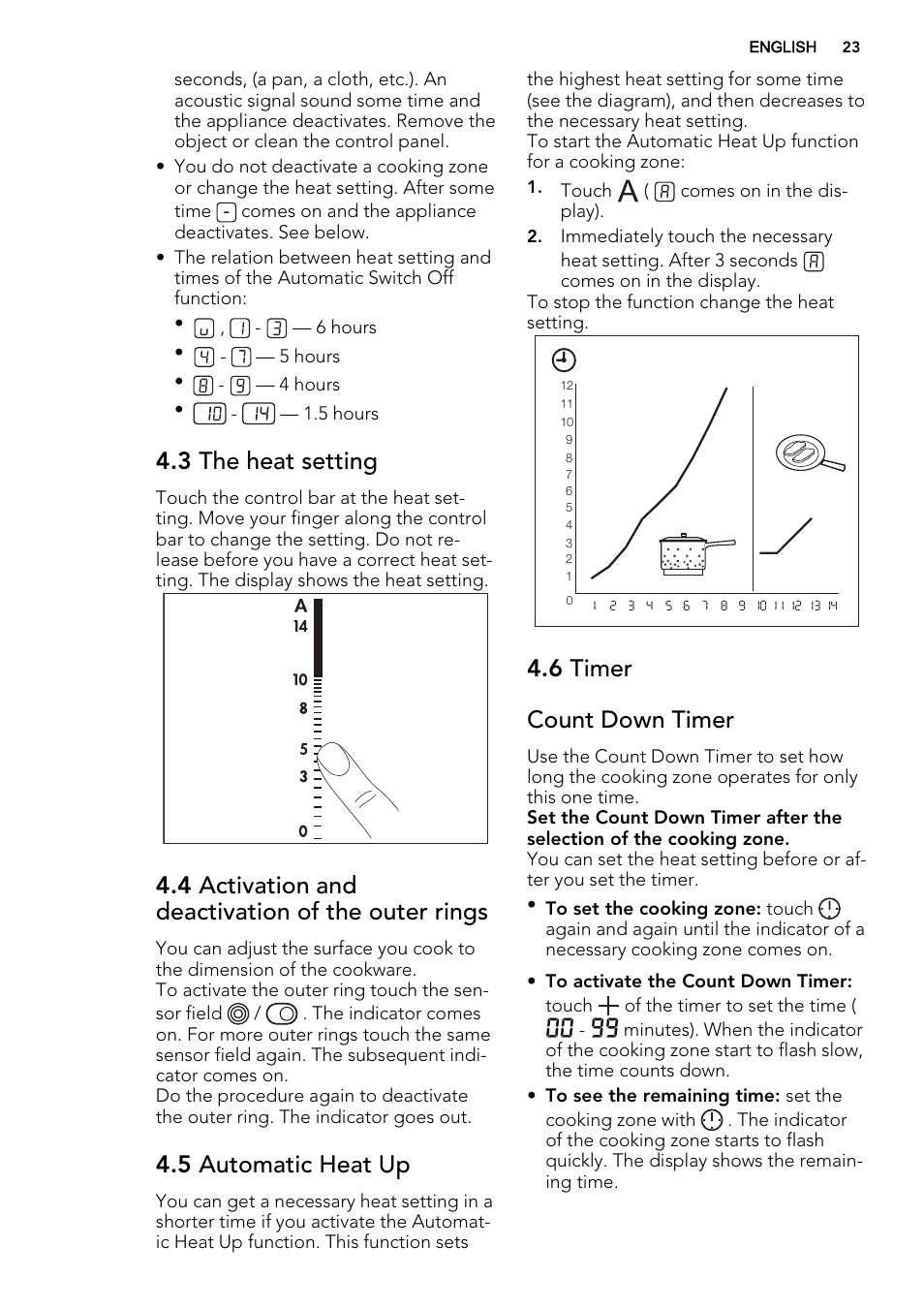 3 the heat setting, 4 activation and deactivation of the outer rings, 5 automatic heat up | 6 timer count down timer | AEG HK614010BB User Manual | Page 23 / 68