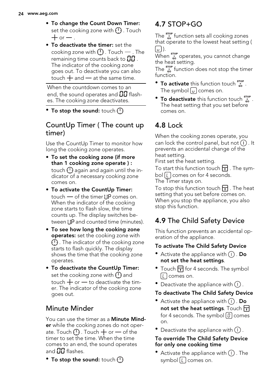 Countup timer ( the count up timer), Minute minder, 7 stop+go | 8 lock, 9 the child safety device | AEG HK614010BB User Manual | Page 24 / 68