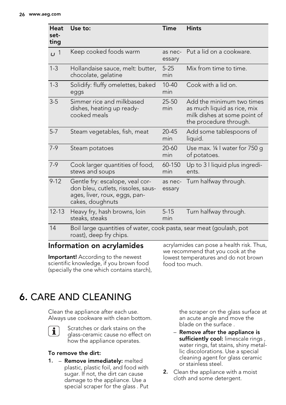 Care and cleaning, Information on acrylamides | AEG HK614010BB User Manual | Page 26 / 68