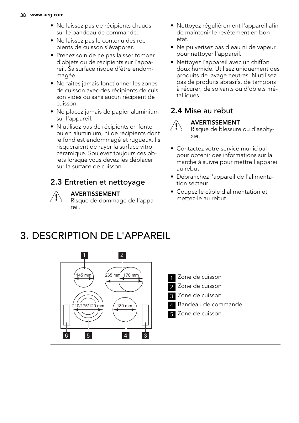 Description de l'appareil, 3 entretien et nettoyage, 4 mise au rebut | AEG HK614010BB User Manual | Page 38 / 68