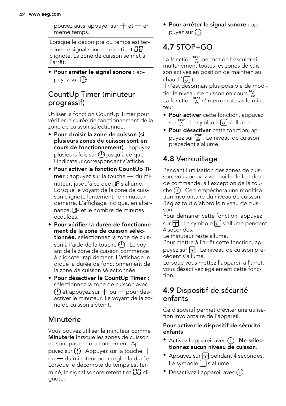 Countup timer (minuteur progressif), Minuterie, 7 stop+go | 8 verrouillage, 9 dispositif de sécurité enfants | AEG HK614010BB User Manual | Page 42 / 68