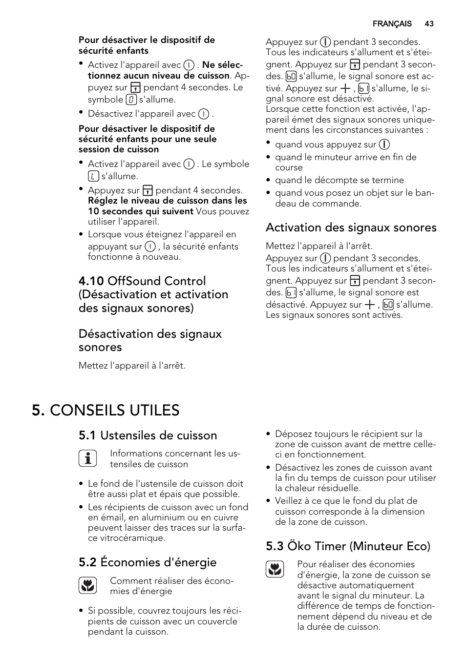 Conseils utiles, Activation des signaux sonores, 1 ustensiles de cuisson | 2 économies d'énergie, 3 öko timer (minuteur eco) | AEG HK614010BB User Manual | Page 43 / 68