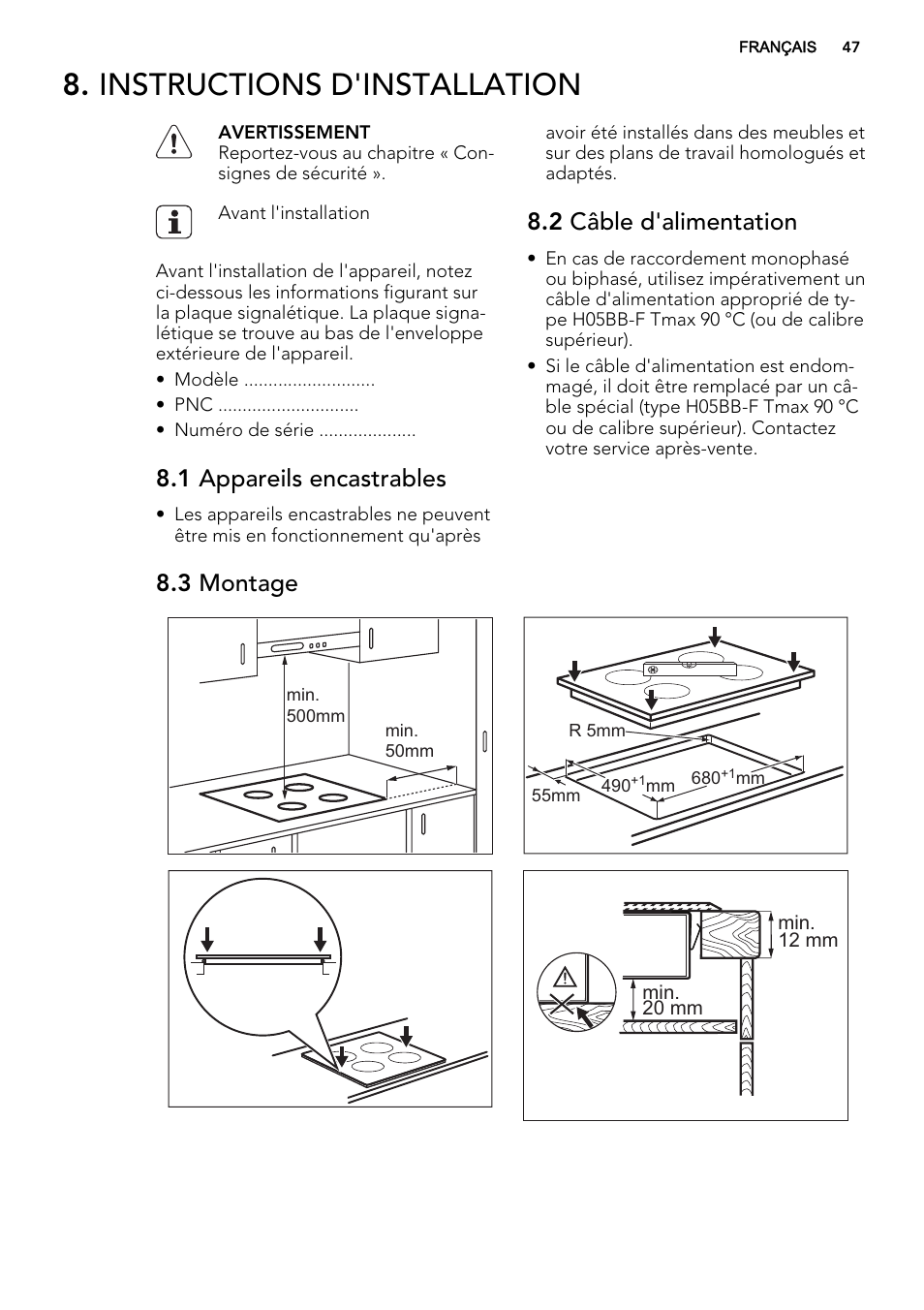 Instructions d'installation, 1 appareils encastrables, 2 câble d'alimentation | 3 montage | AEG HK614010BB User Manual | Page 47 / 68