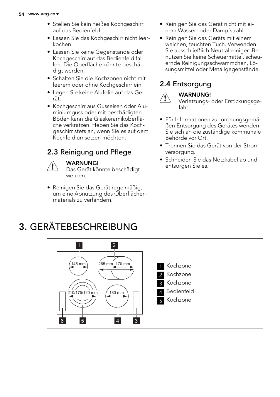Gerätebeschreibung, 3 reinigung und pflege, 4 entsorgung | AEG HK614010BB User Manual | Page 54 / 68