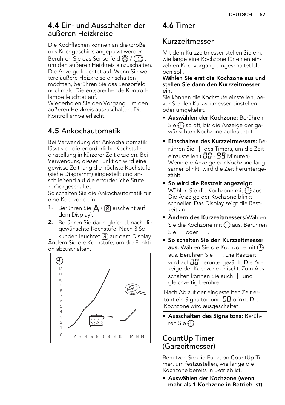 4 ein- und ausschalten der äußeren heizkreise, 5 ankochautomatik, 6 timer kurzzeitmesser | Countup timer (garzeitmesser) | AEG HK614010BB User Manual | Page 57 / 68
