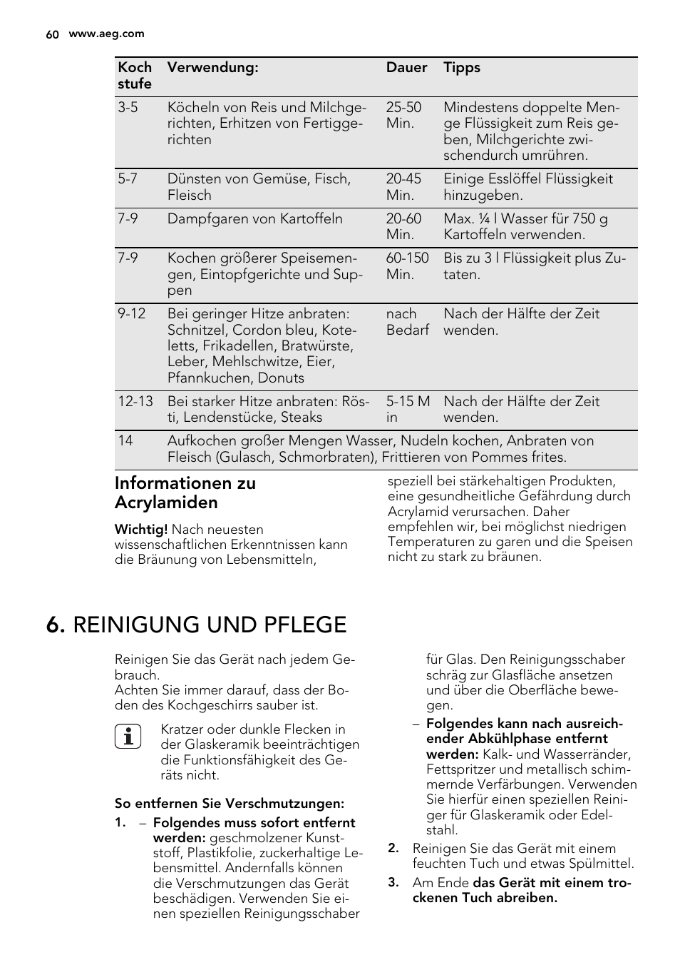 Reinigung und pflege, Informationen zu acrylamiden | AEG HK614010BB User Manual | Page 60 / 68