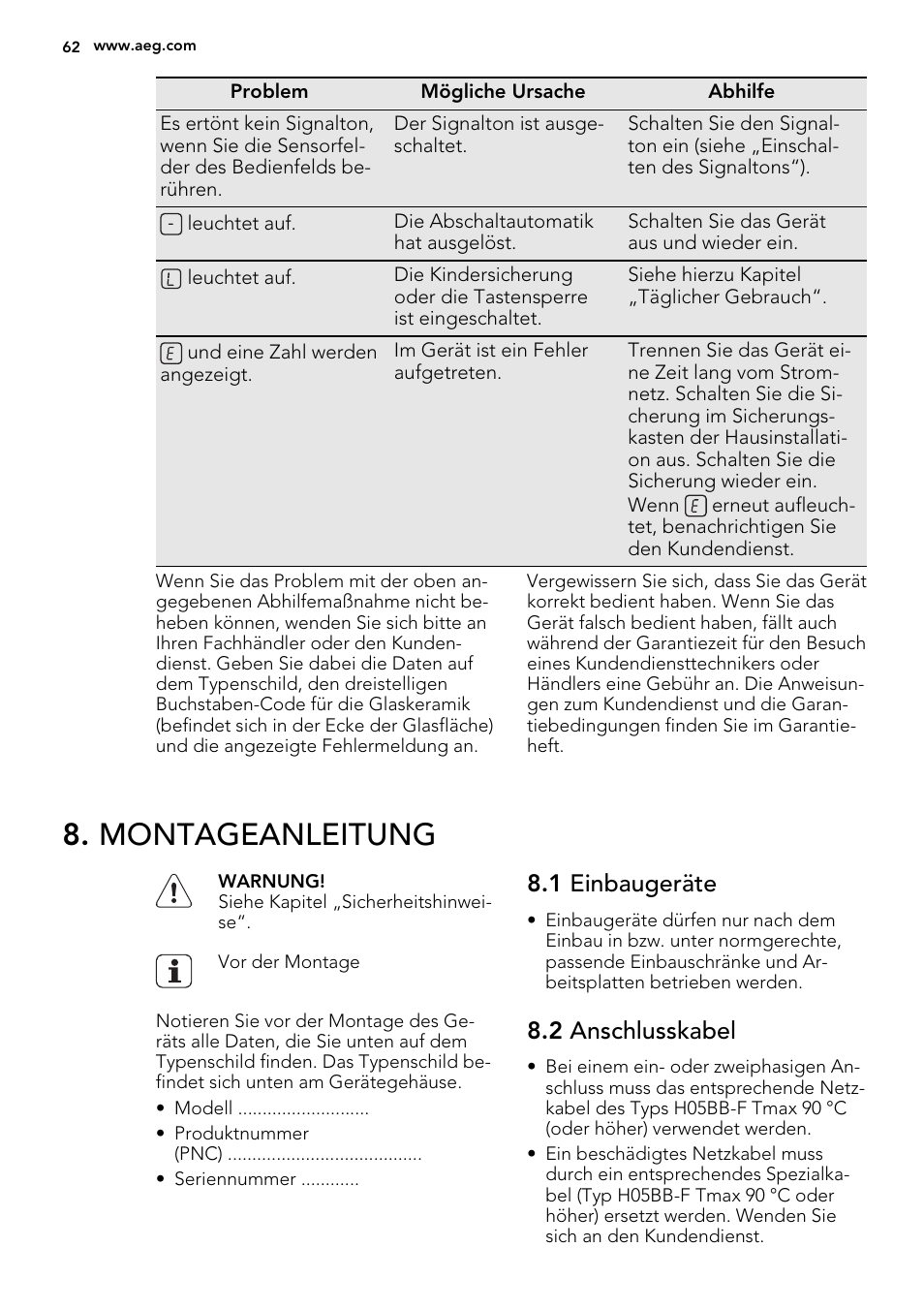 Montageanleitung, 1 einbaugeräte, 2 anschlusskabel | AEG HK614010BB User Manual | Page 62 / 68