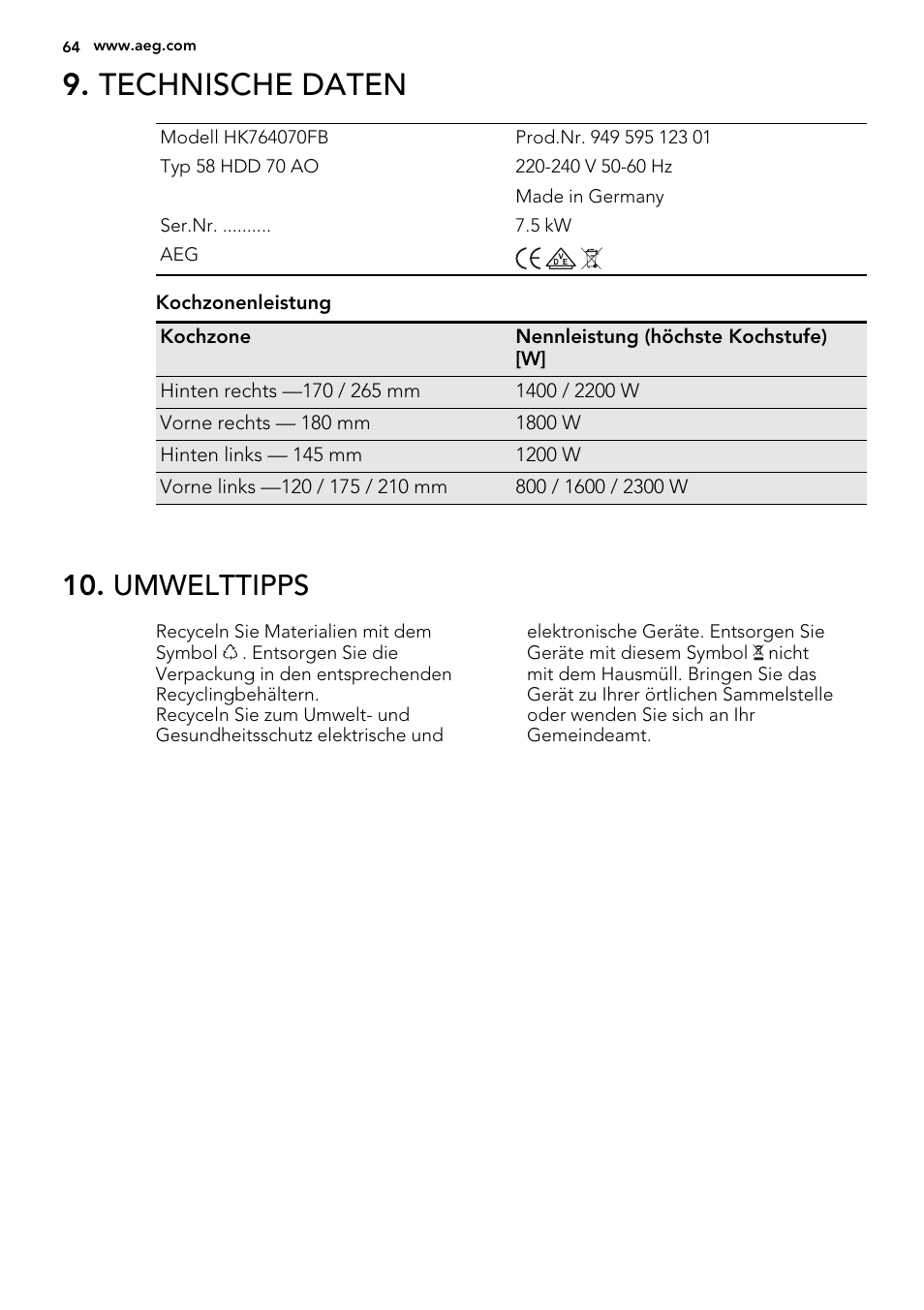 Technische daten, Umwelttipps | AEG HK614010BB User Manual | Page 64 / 68