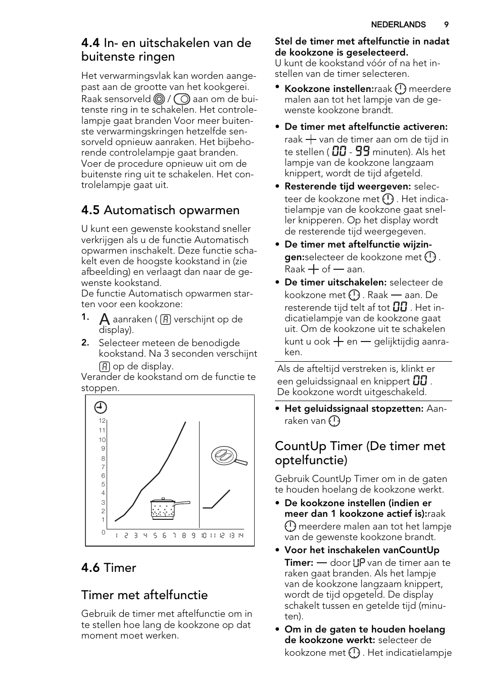 4 in- en uitschakelen van de buitenste ringen, 5 automatisch opwarmen, 6 timer timer met aftelfunctie | Countup timer (de timer met optelfunctie) | AEG HK614010BB User Manual | Page 9 / 68