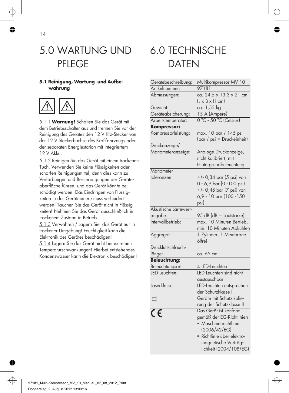 0 technische daten, 0 wartung und pflege | AEG MULTI-COMPRESSOR MV 10 User Manual | Page 14 / 86