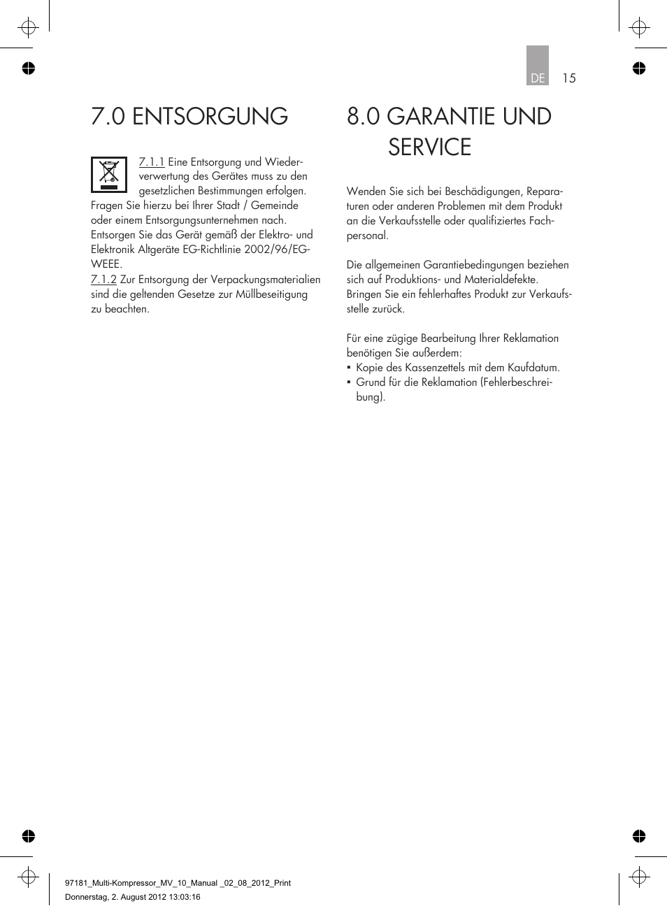 0 garantie und service, 0 entsorgung | AEG MULTI-COMPRESSOR MV 10 User Manual | Page 15 / 86
