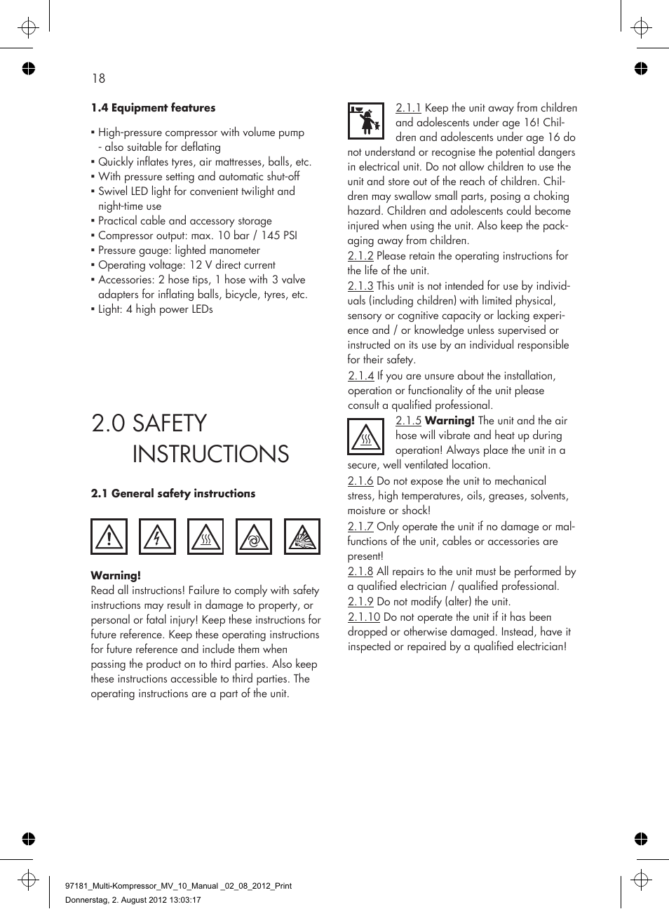0 safety instructions | AEG MULTI-COMPRESSOR MV 10 User Manual | Page 18 / 86