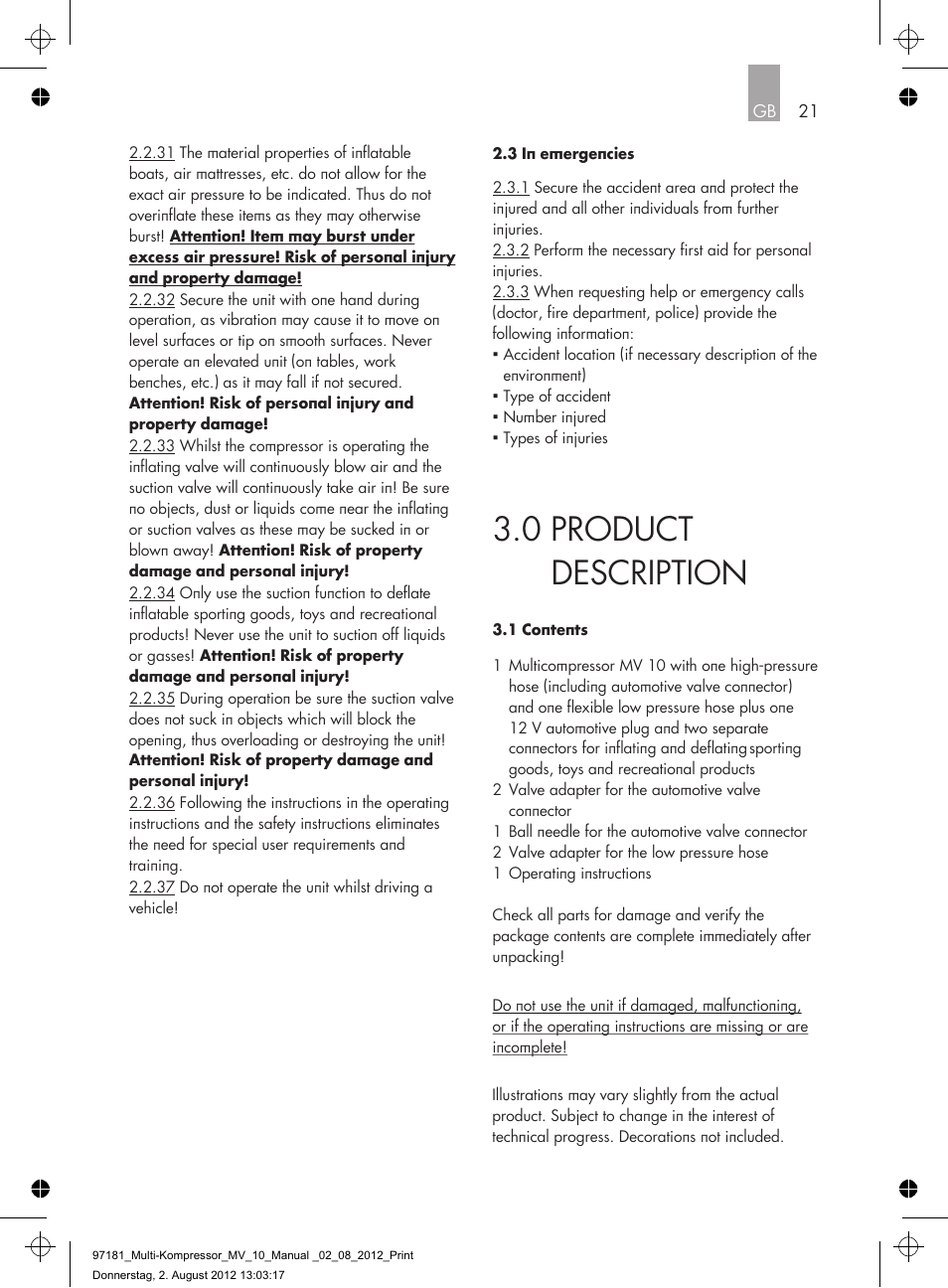 0 product description | AEG MULTI-COMPRESSOR MV 10 User Manual | Page 21 / 86