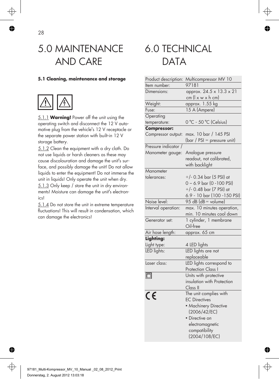 0 technical data, 0 maintenance and care | AEG MULTI-COMPRESSOR MV 10 User Manual | Page 28 / 86