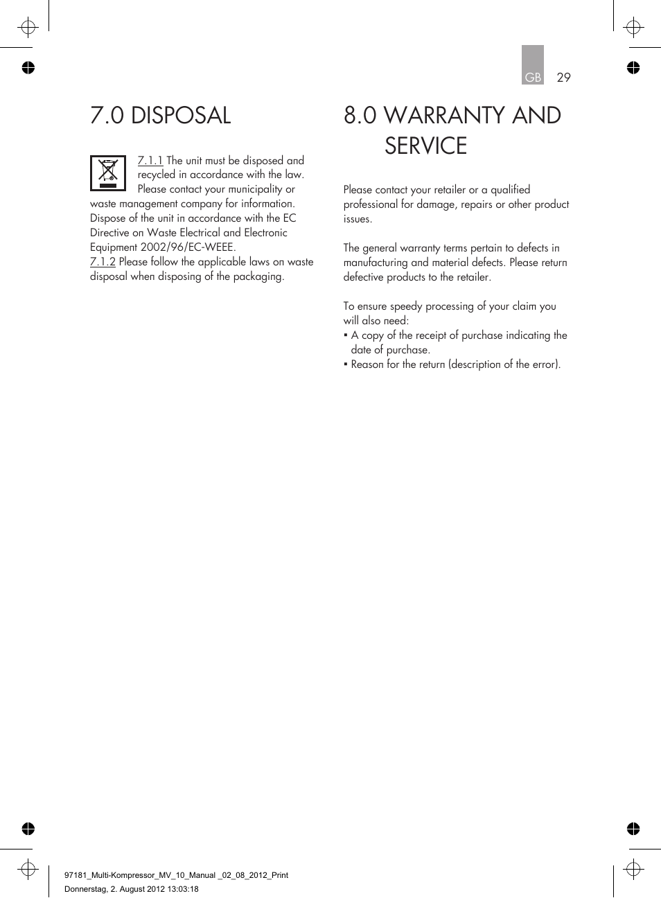 0 warranty and service, 0 disposal | AEG MULTI-COMPRESSOR MV 10 User Manual | Page 29 / 86