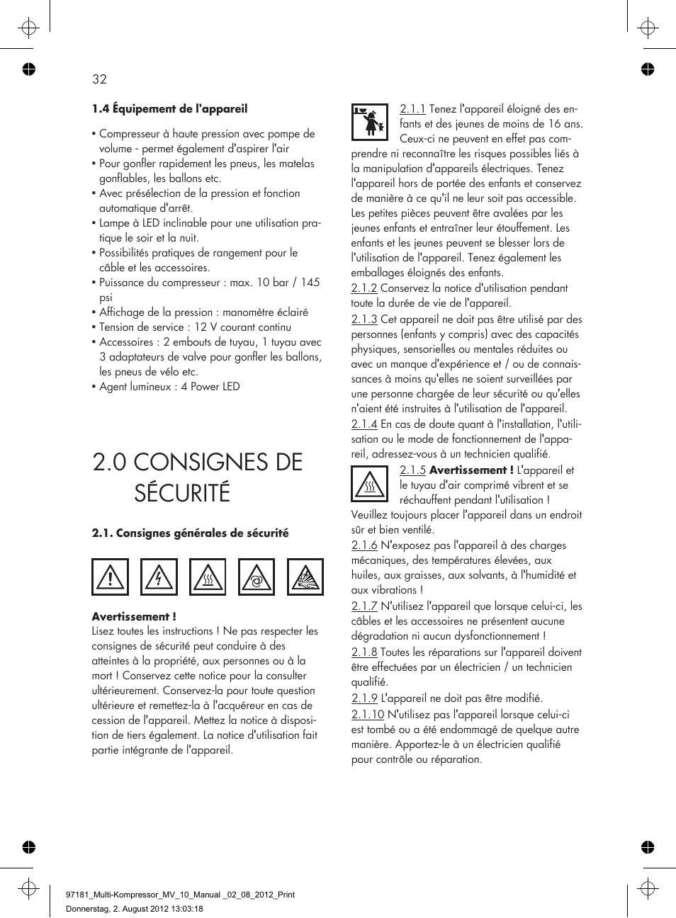 0 consignes de sécurité | AEG MULTI-COMPRESSOR MV 10 User Manual | Page 32 / 86