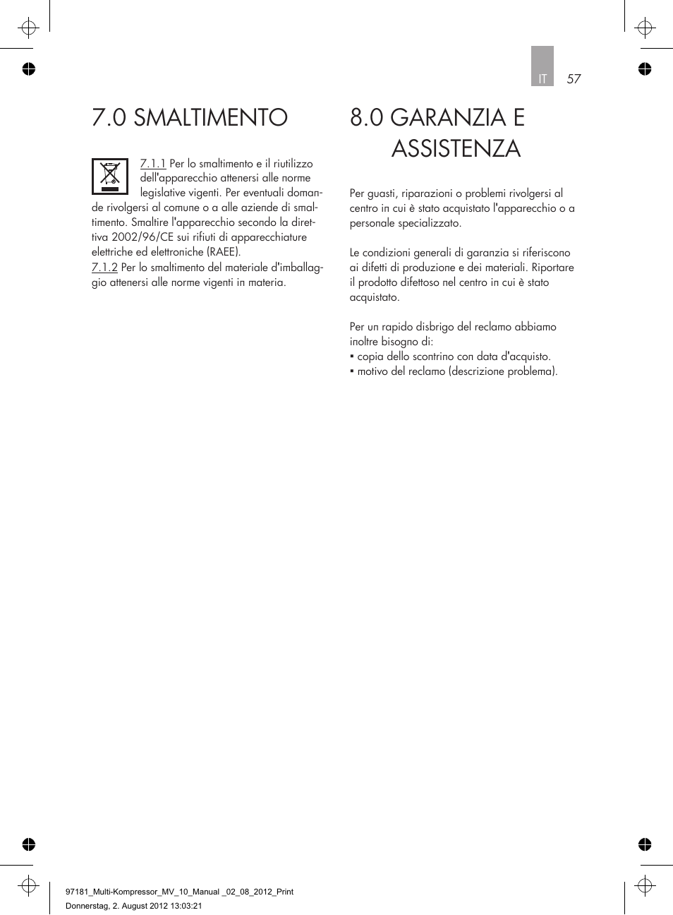 0 garanzia e assistenza, 0 smaltimento | AEG MULTI-COMPRESSOR MV 10 User Manual | Page 57 / 86