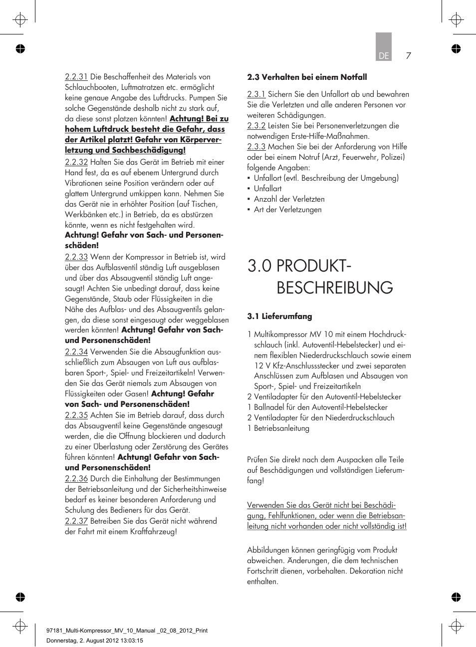0 produkt- beschreibung | AEG MULTI-COMPRESSOR MV 10 User Manual | Page 7 / 86