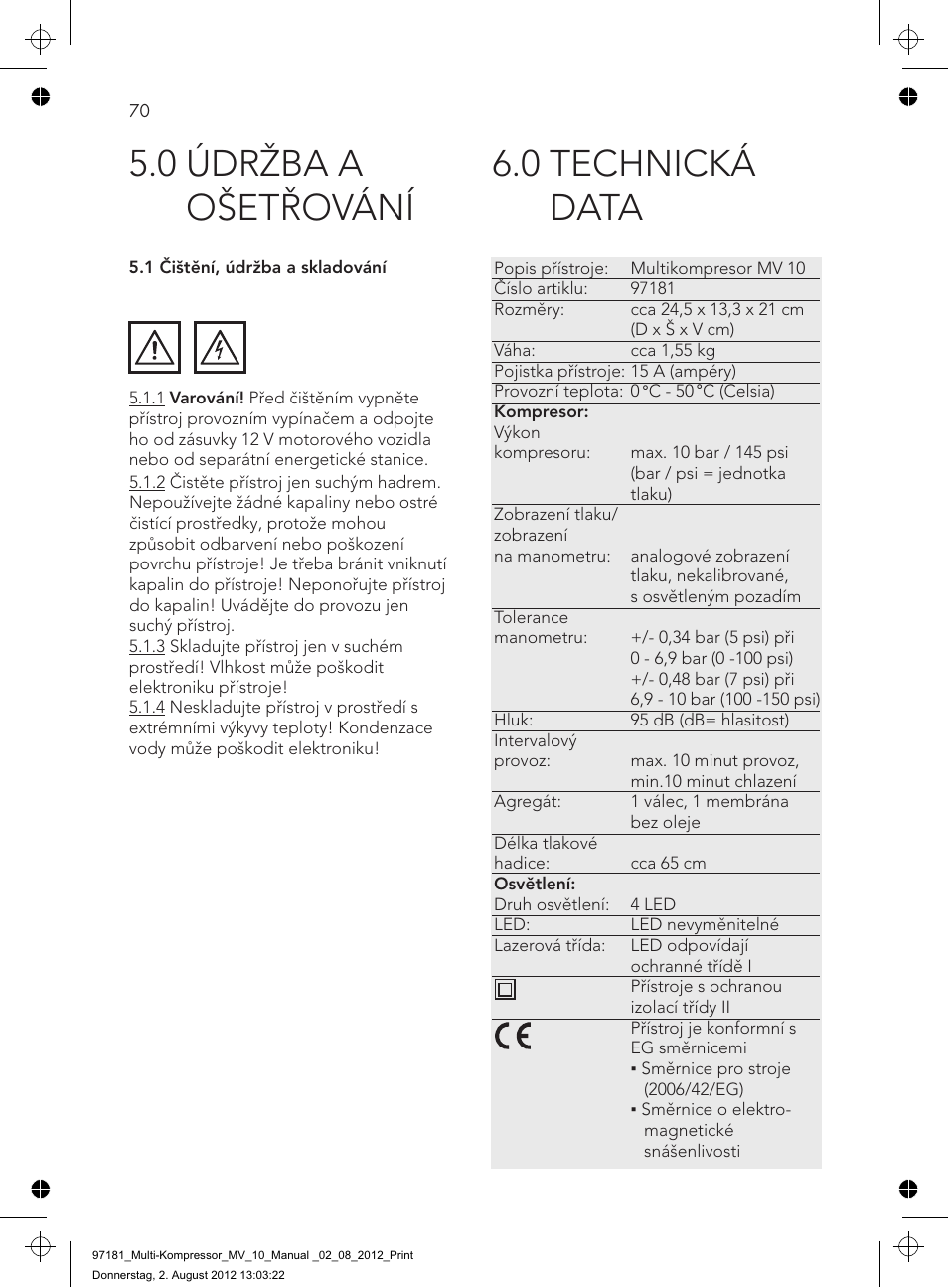 0 technická data, 0 údržba a ošetřování | AEG MULTI-COMPRESSOR MV 10 User Manual | Page 70 / 86