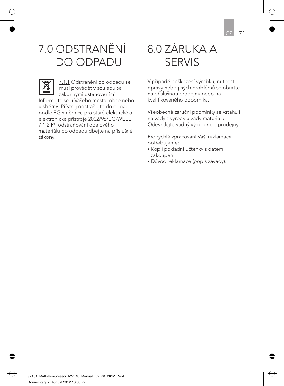 0 záruka a servis, 0 odstranění do odpadu | AEG MULTI-COMPRESSOR MV 10 User Manual | Page 71 / 86