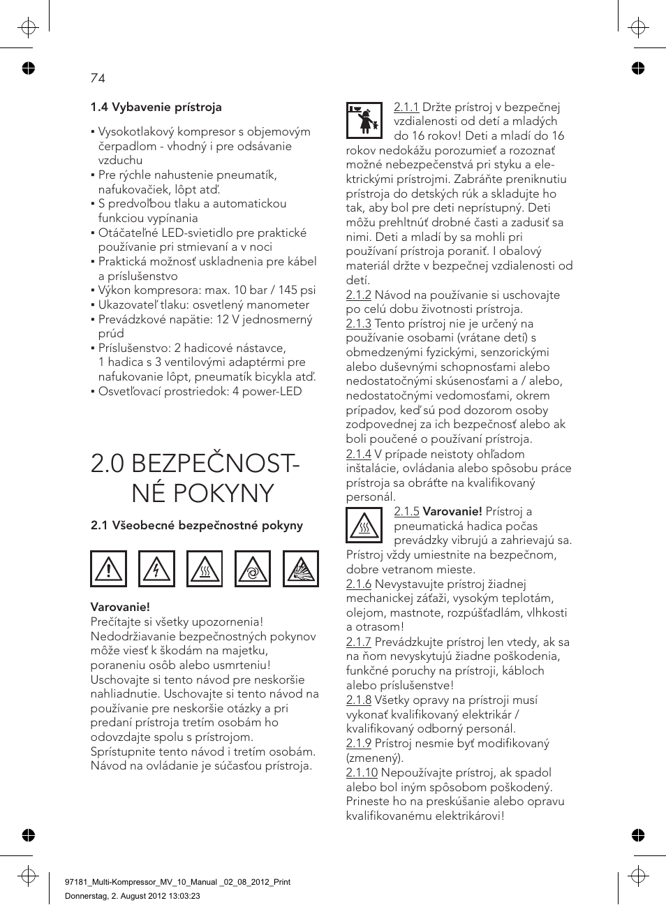 0 bezpečnost- né pokyny | AEG MULTI-COMPRESSOR MV 10 User Manual | Page 74 / 86