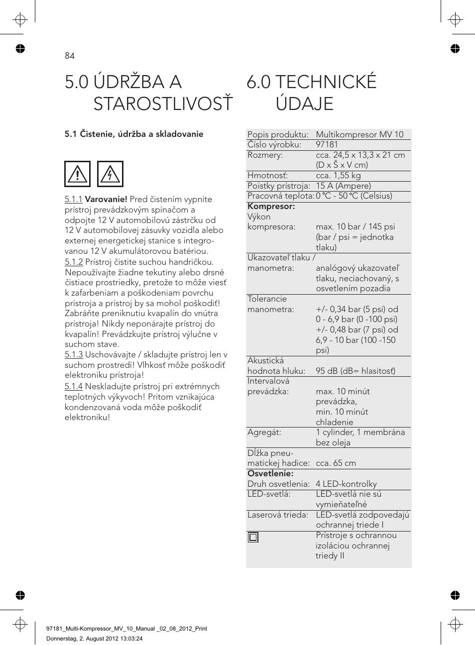 0 technické údaje, 0 údržba a starostlivosť | AEG MULTI-COMPRESSOR MV 10 User Manual | Page 84 / 86