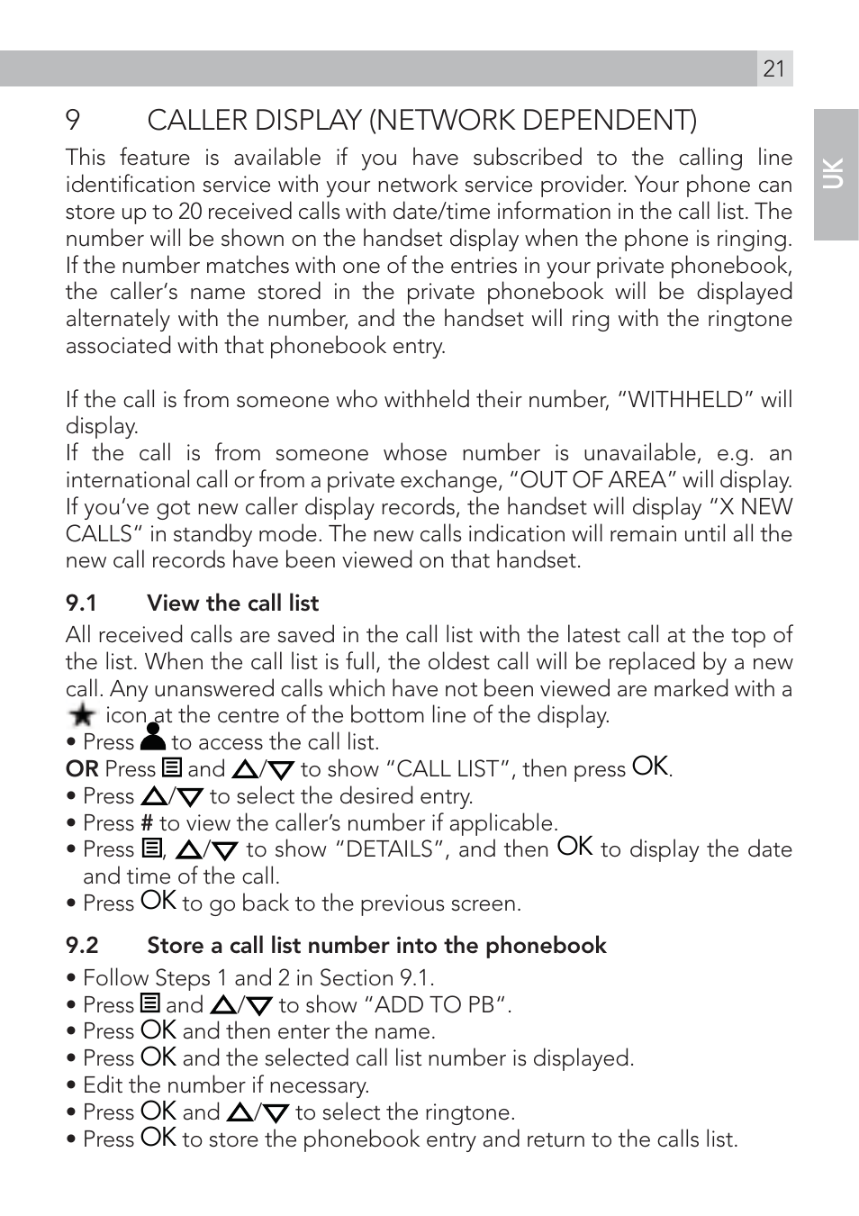 9caller display (network dependent) | AEG Voxtel D235 User Manual | Page 21 / 42