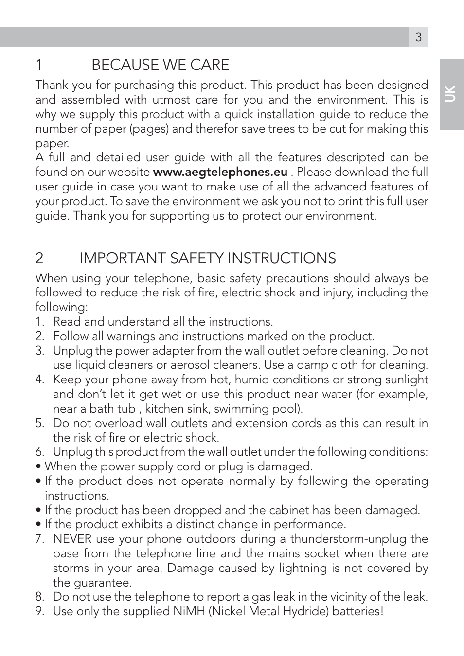 1because we care, 2important safety instructions | AEG Voxtel D235 User Manual | Page 3 / 42