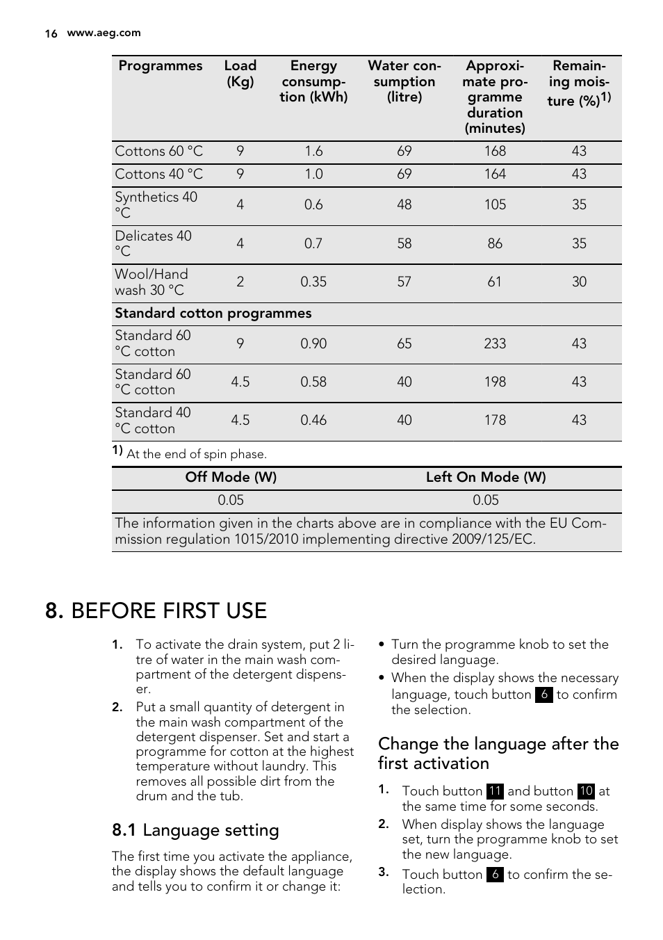 Before first use, 1 language setting, Change the language after the first activation | AEG L61271WDBI User Manual | Page 16 / 40