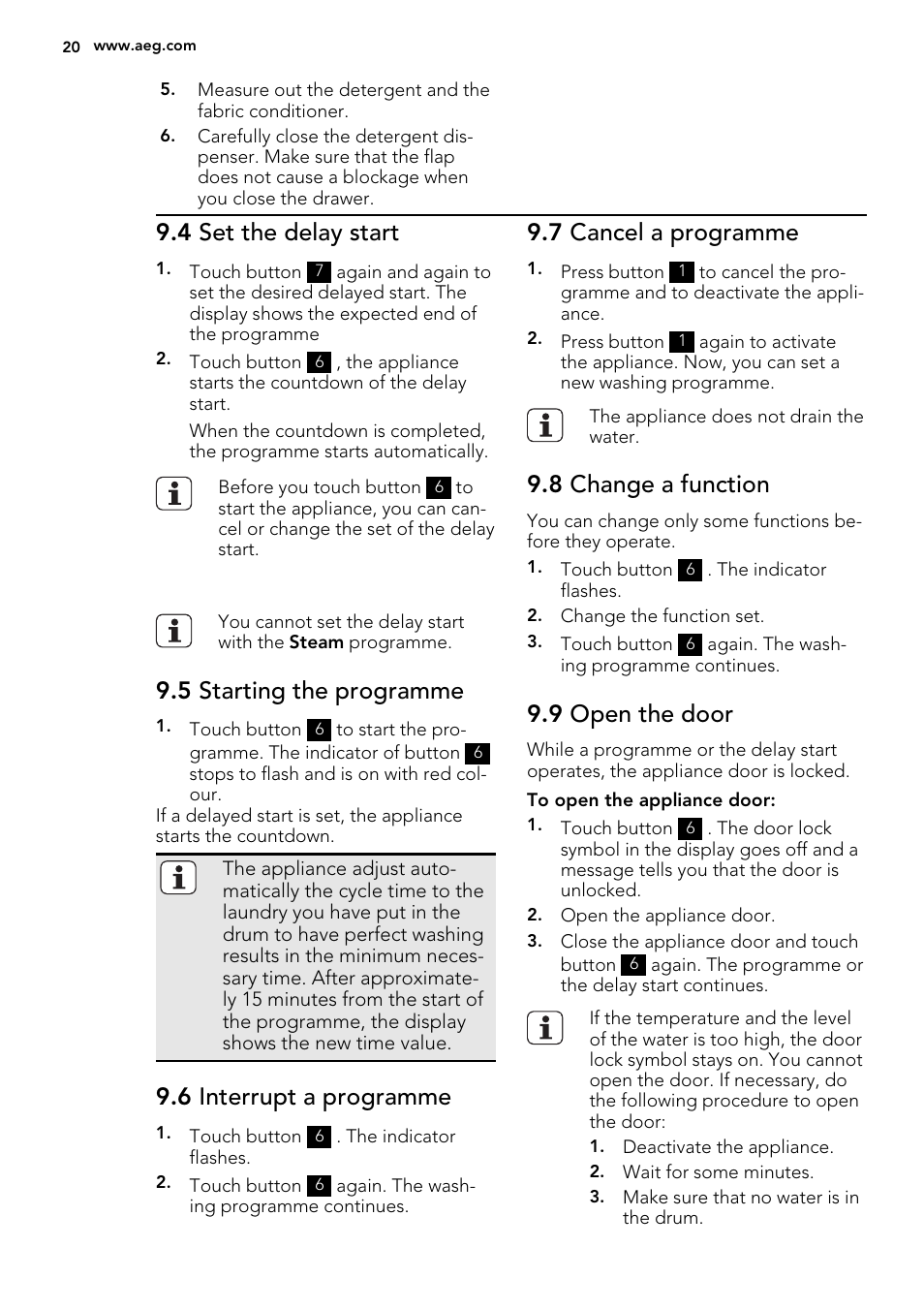 4 set the delay start, 5 starting the programme, 6 interrupt a programme | 7 cancel a programme, 8 change a function, 9 open the door | AEG L61271WDBI User Manual | Page 20 / 40