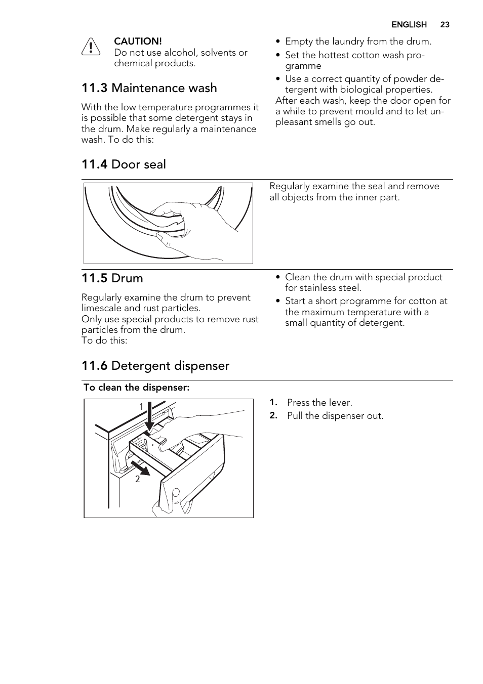 3 maintenance wash, 4 door seal, 5 drum | 6 detergent dispenser | AEG L61271WDBI User Manual | Page 23 / 40