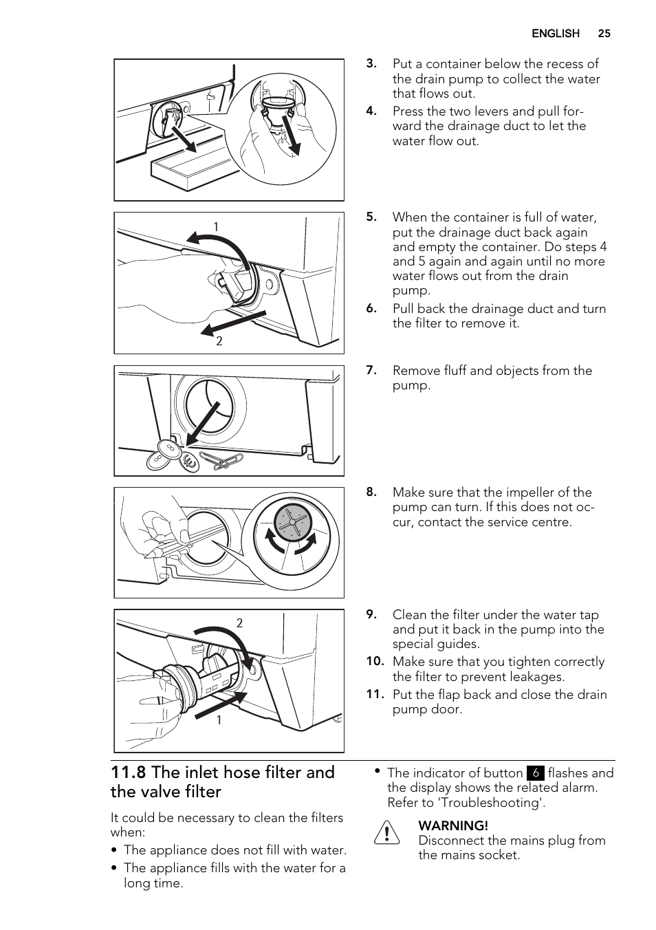 8 the inlet hose filter and the valve filter | AEG L61271WDBI User Manual | Page 25 / 40