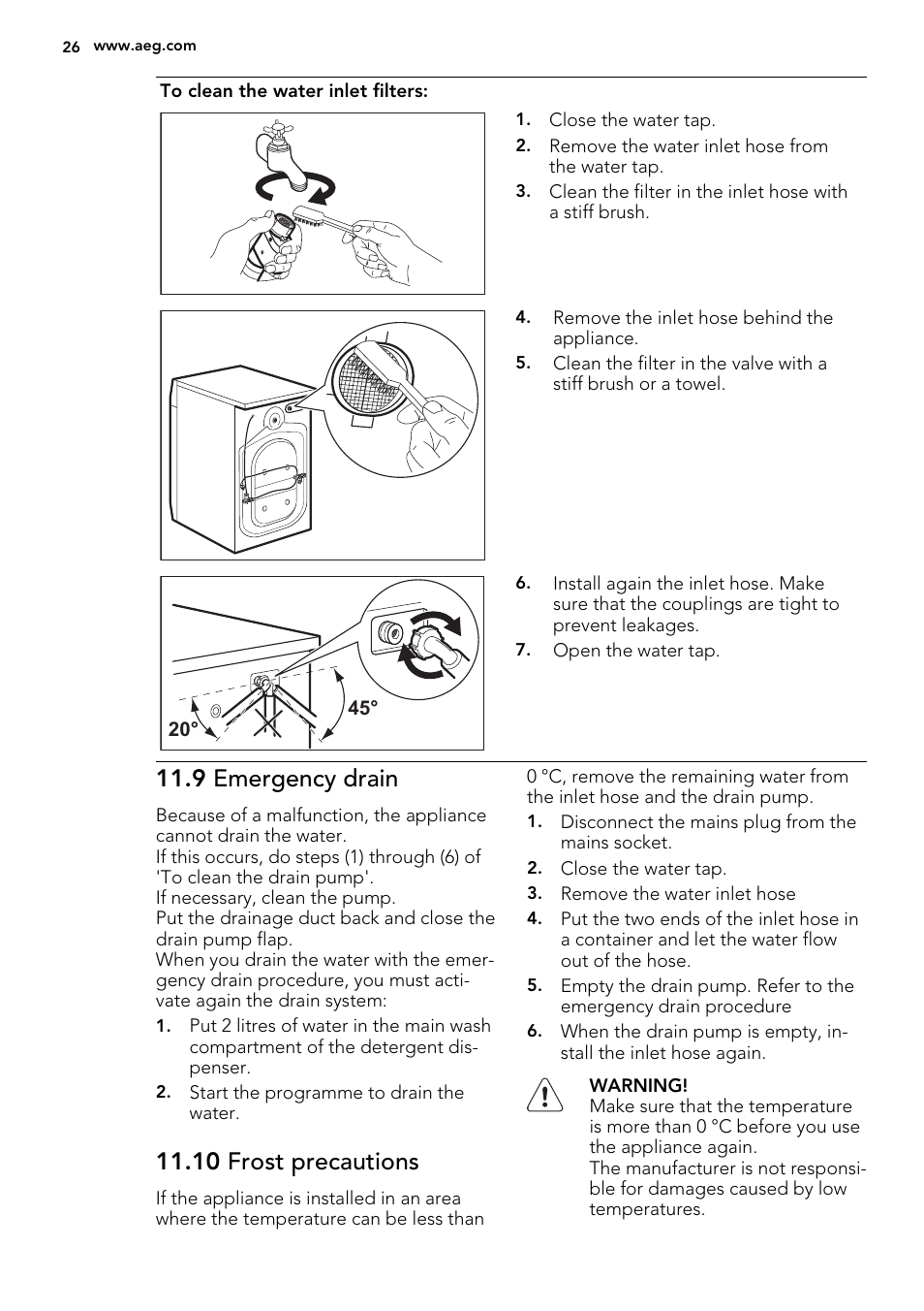 9 emergency drain, 10 frost precautions | AEG L61271WDBI User Manual | Page 26 / 40