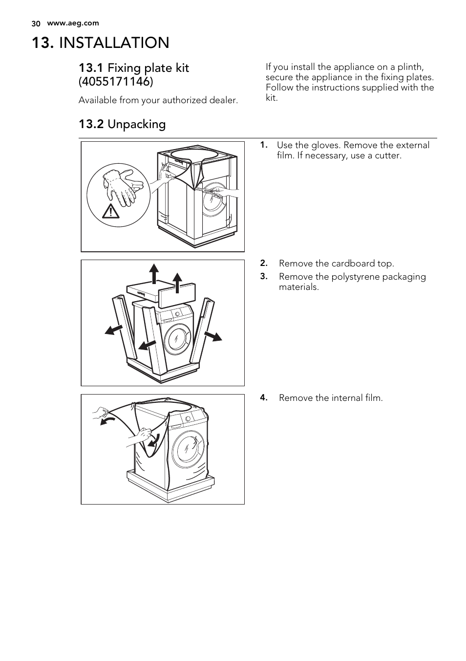 Installation, 2 unpacking | AEG L61271WDBI User Manual | Page 30 / 40