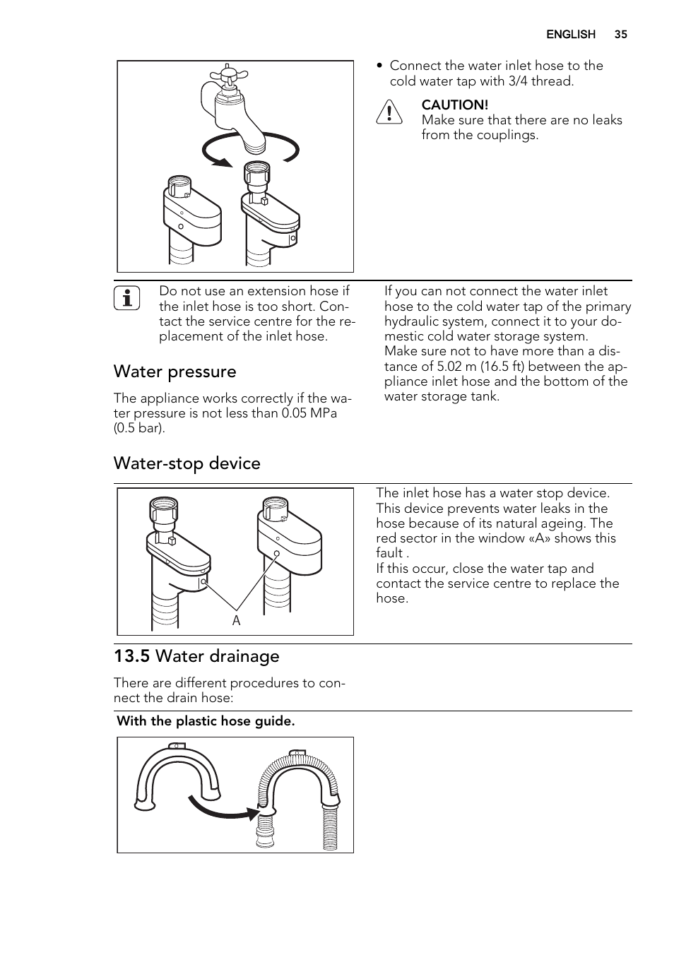 Water pressure, Water-stop device, 5 water drainage | AEG L61271WDBI User Manual | Page 35 / 40