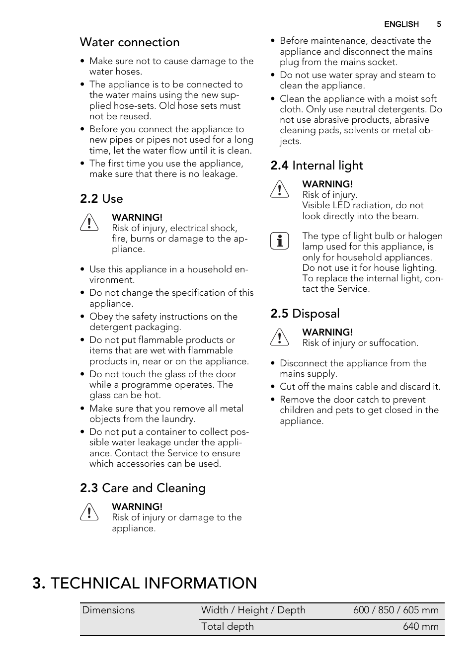 Technical information, Water connection, 2 use | 3 care and cleaning, 4 internal light, 5 disposal | AEG L61271WDBI User Manual | Page 5 / 40