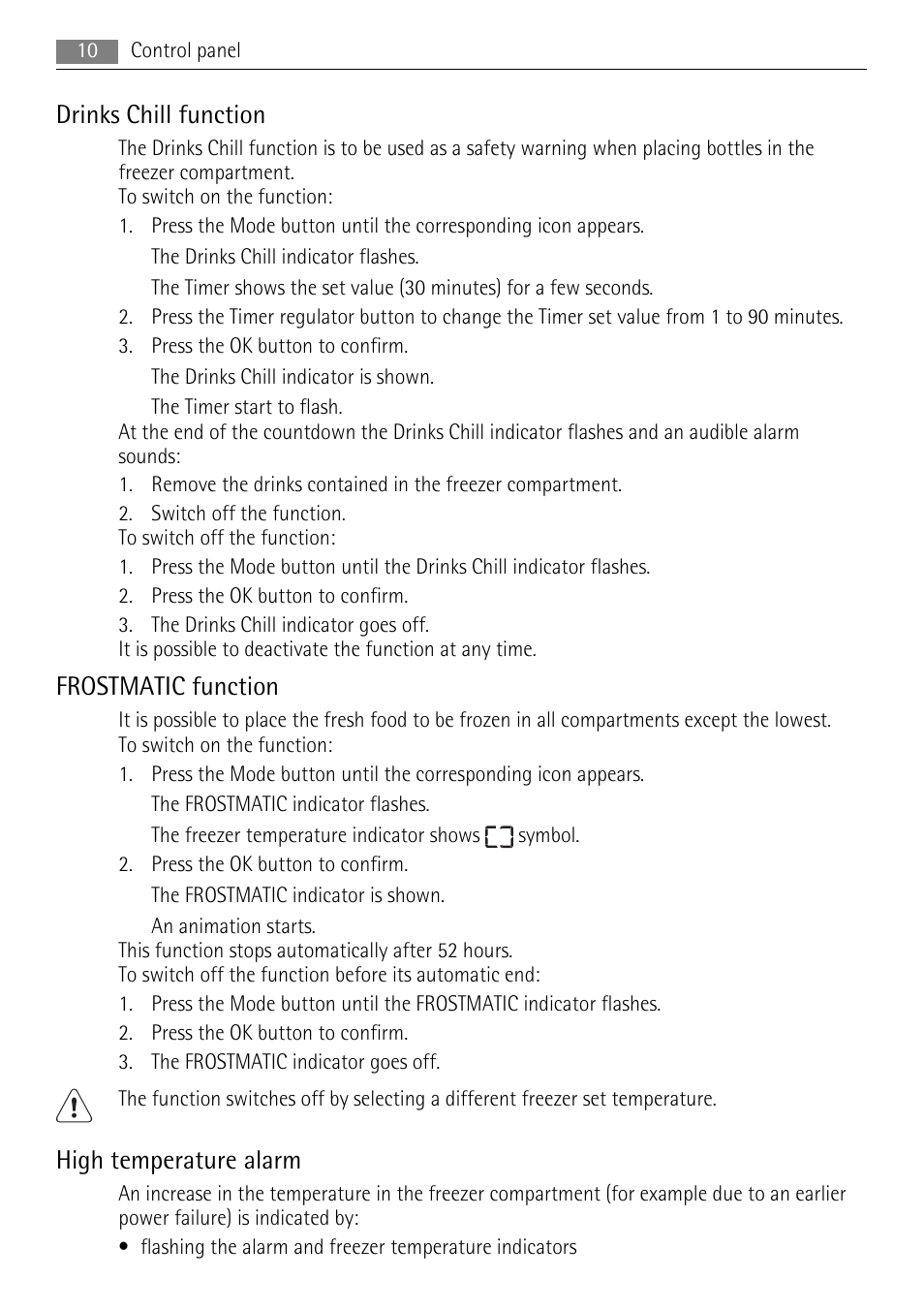 Drinks chill function, Frostmatic function, High temperature alarm | AEG S53600CSW0 User Manual | Page 10 / 24