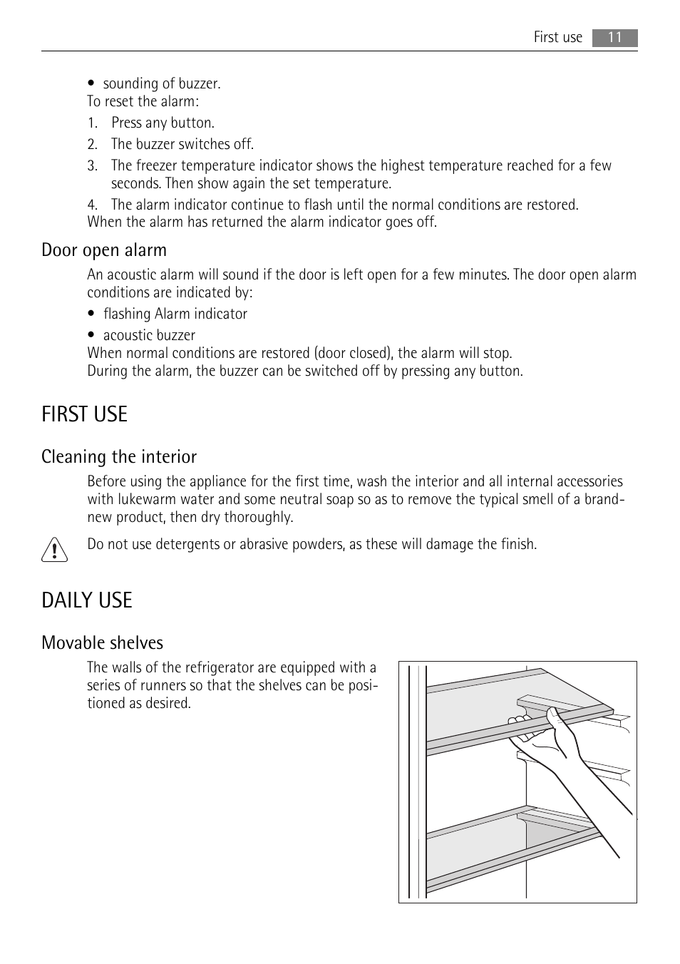 First use, Daily use, Door open alarm | Cleaning the interior, Movable shelves | AEG S53600CSW0 User Manual | Page 11 / 24