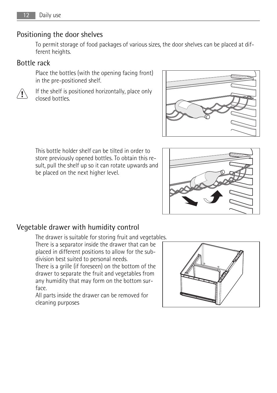 Positioning the door shelves, Bottle rack, Vegetable drawer with humidity control | AEG S53600CSW0 User Manual | Page 12 / 24