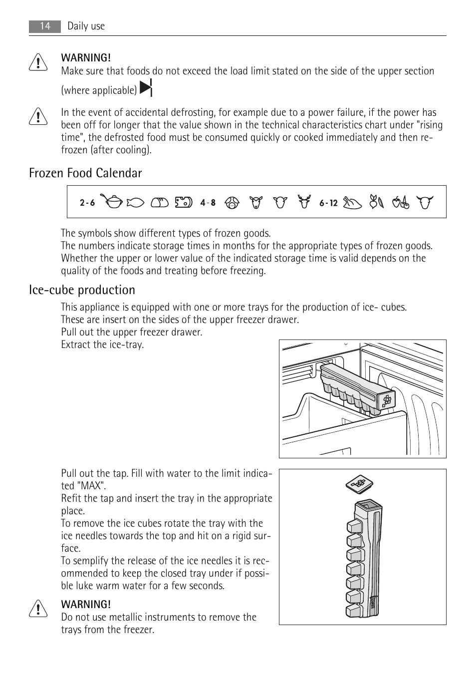 Frozen food calendar, Ice-cube production | AEG S53600CSW0 User Manual | Page 14 / 24