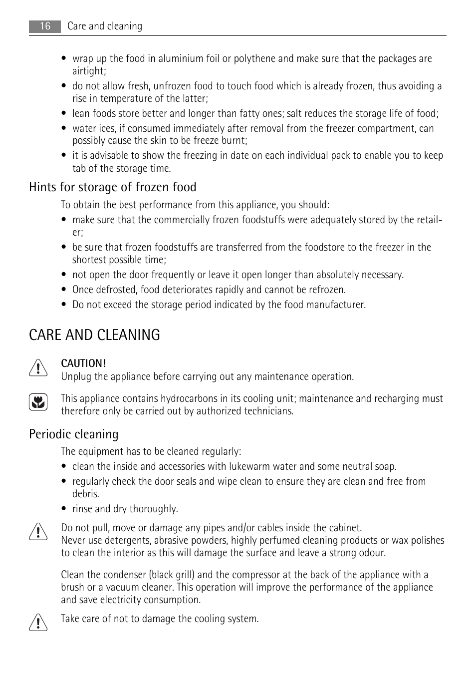 Care and cleaning, Hints for storage of frozen food, Periodic cleaning | AEG S53600CSW0 User Manual | Page 16 / 24