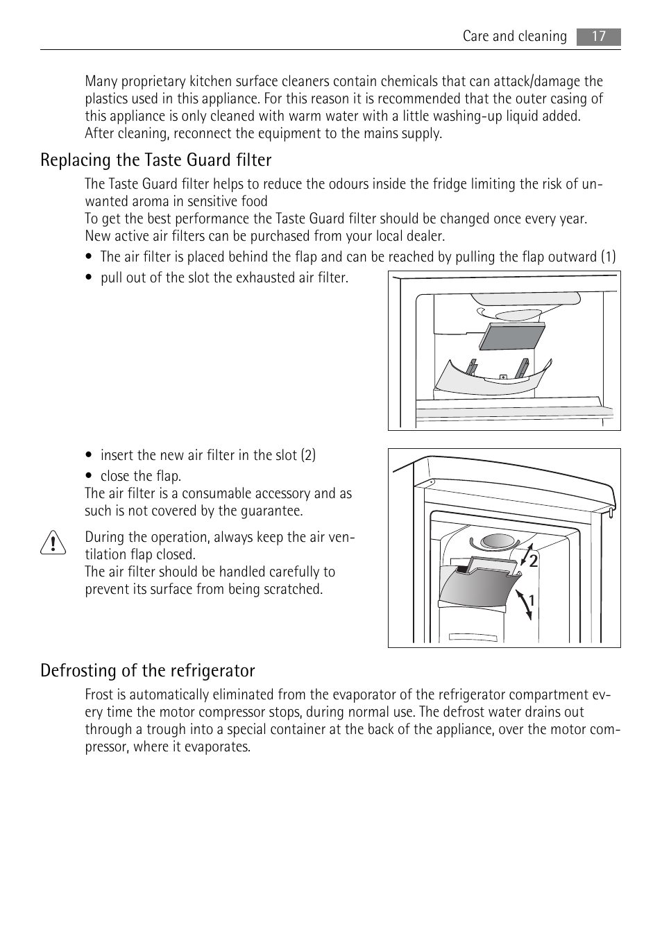 Replacing the taste guard filter, Defrosting of the refrigerator | AEG S53600CSW0 User Manual | Page 17 / 24