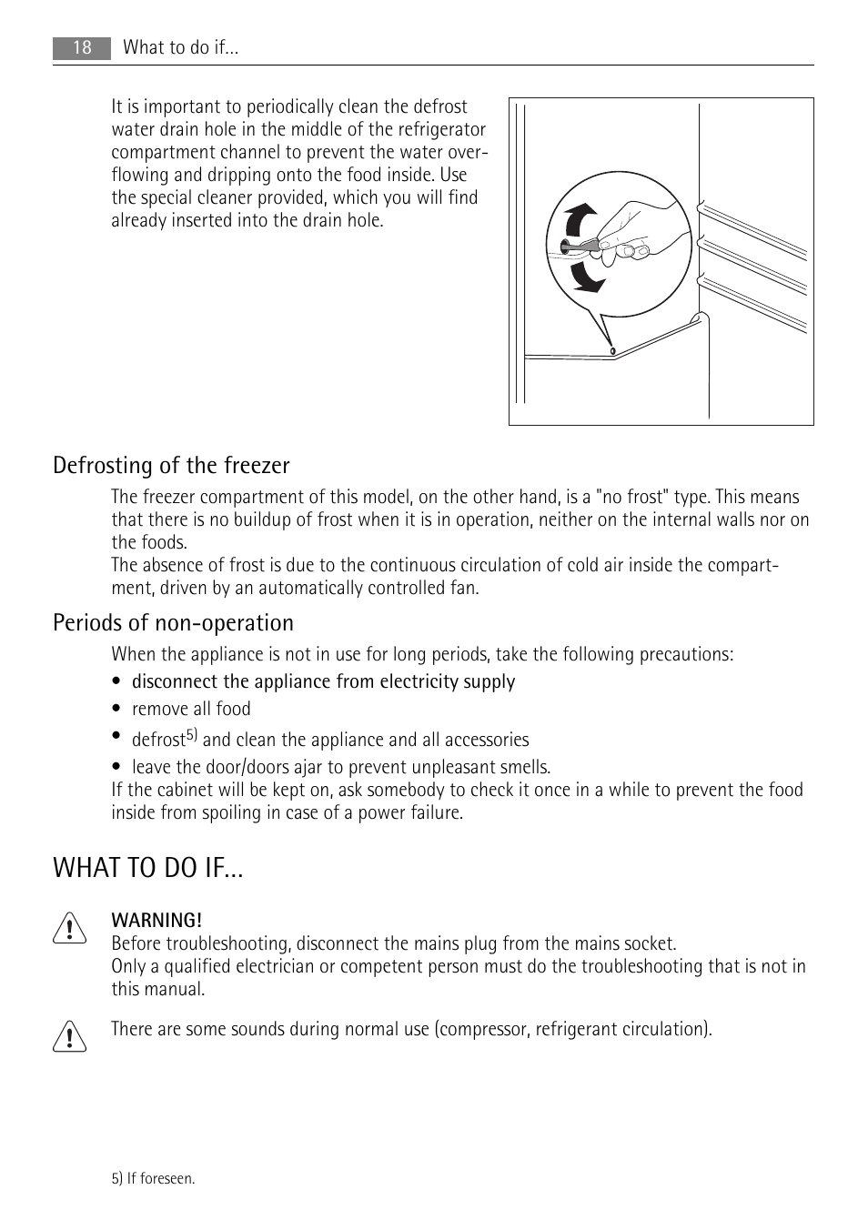 What to do if, Defrosting of the freezer, Periods of non-operation | AEG S53600CSW0 User Manual | Page 18 / 24