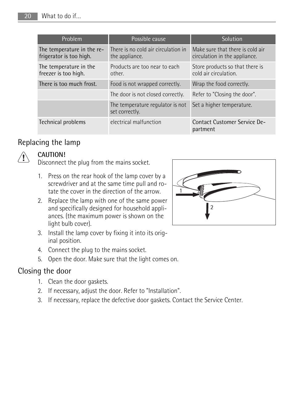 Replacing the lamp, Closing the door | AEG S53600CSW0 User Manual | Page 20 / 24