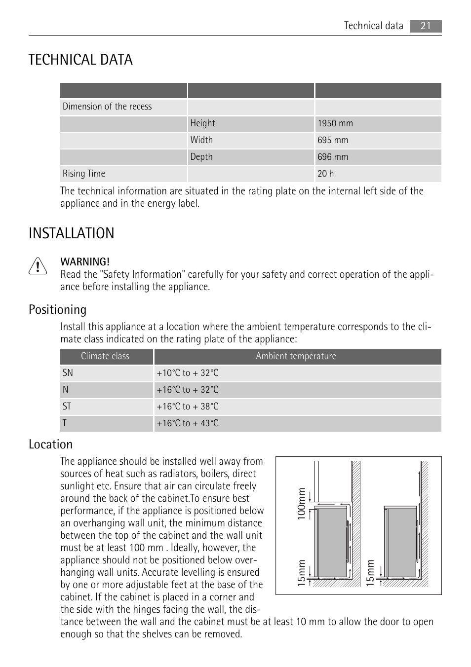 Technical data, Installation, Positioning | Location | AEG S53600CSW0 User Manual | Page 21 / 24