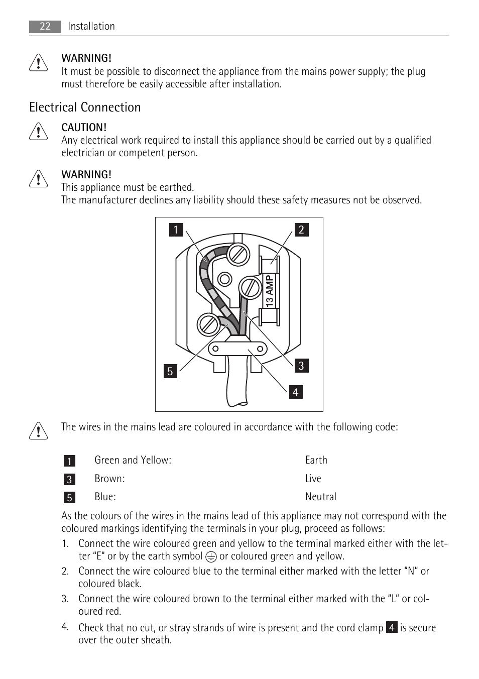 Electrical connection | AEG S53600CSW0 User Manual | Page 22 / 24