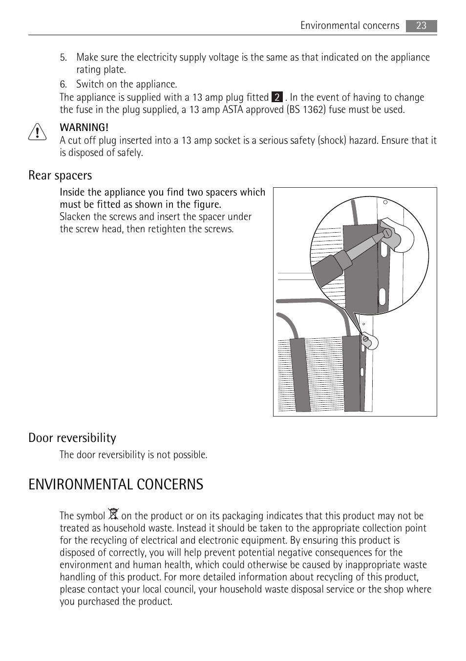 Environmental concerns, Rear spacers, Door reversibility | AEG S53600CSW0 User Manual | Page 23 / 24