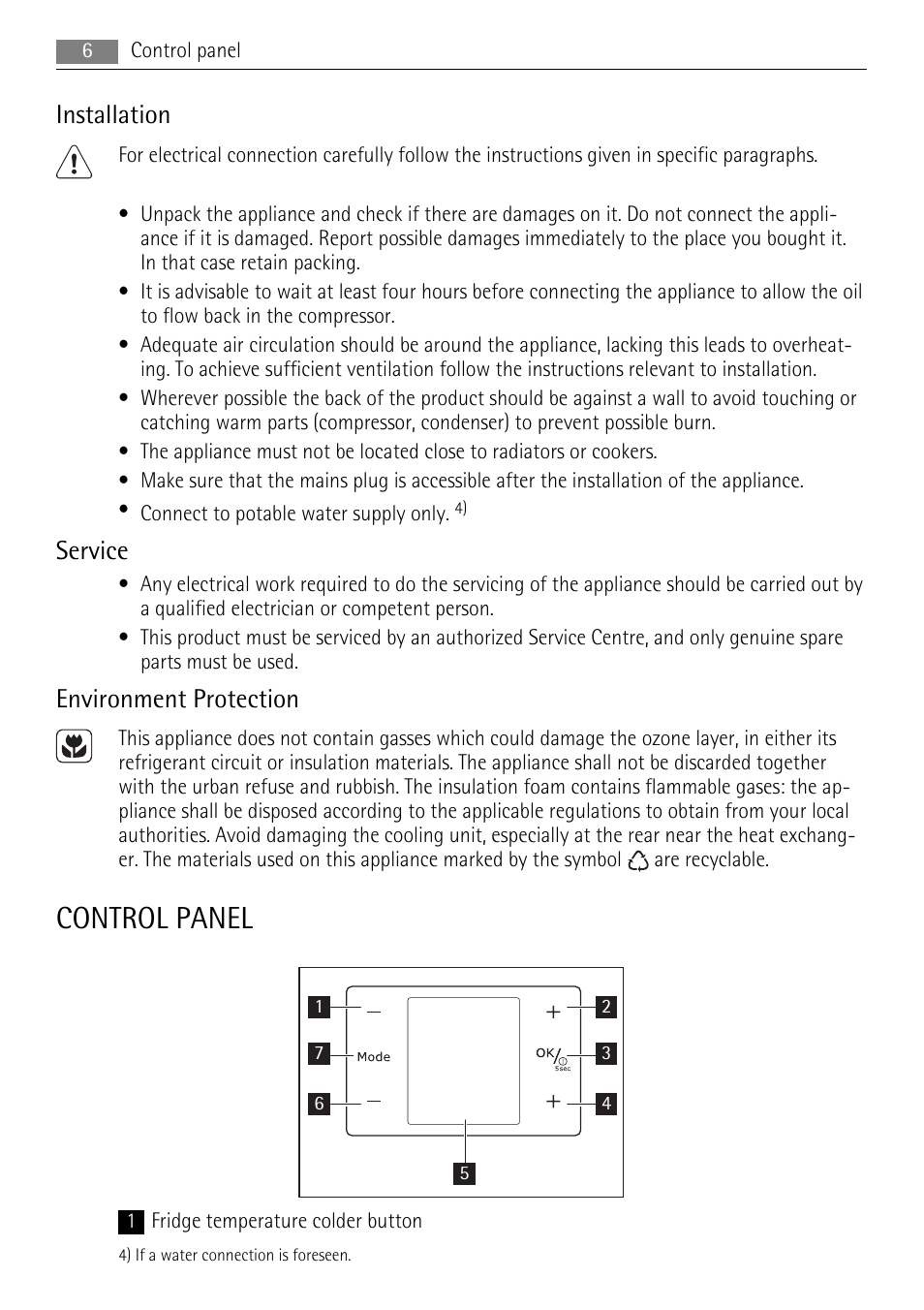 Control panel, Installation, Service | Environment protection | AEG S53600CSW0 User Manual | Page 6 / 24