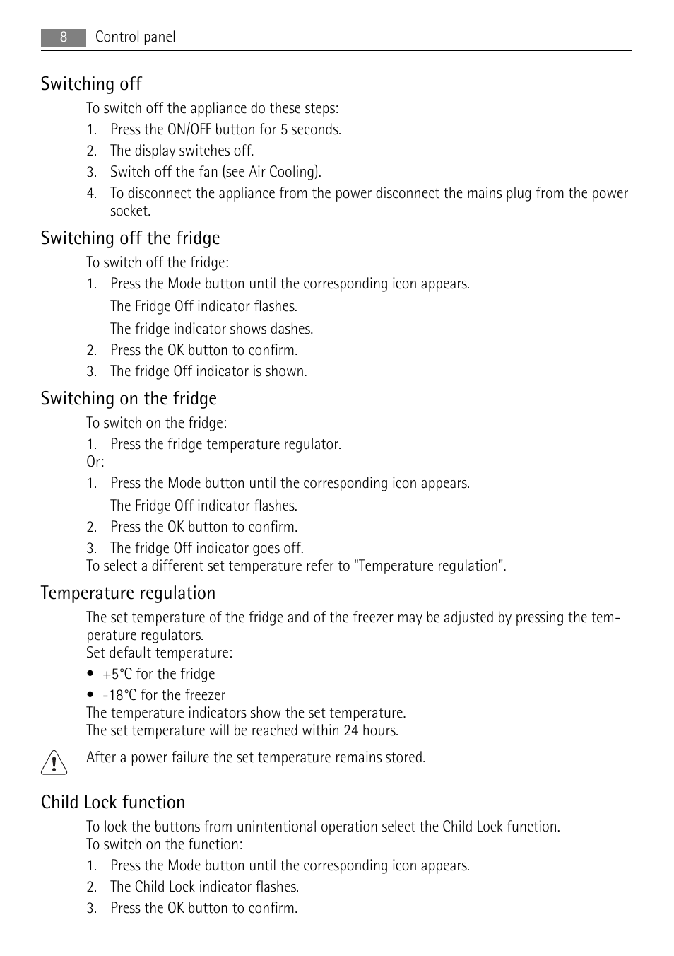 Switching off, Switching off the fridge, Switching on the fridge | Temperature regulation, Child lock function | AEG S53600CSW0 User Manual | Page 8 / 24