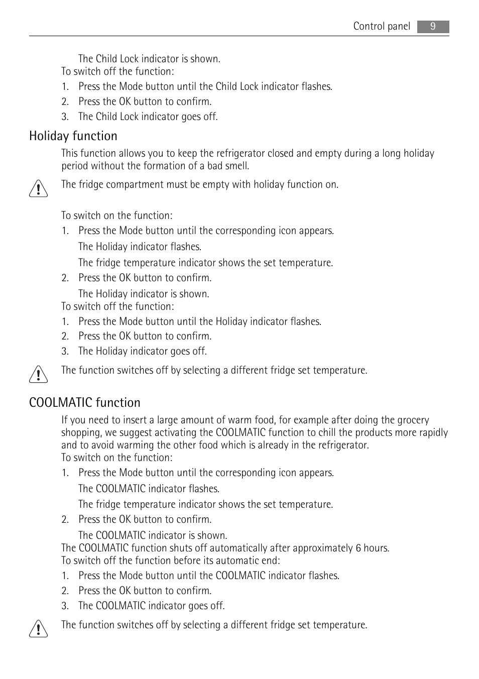 Holiday function, Coolmatic function | AEG S53600CSW0 User Manual | Page 9 / 24